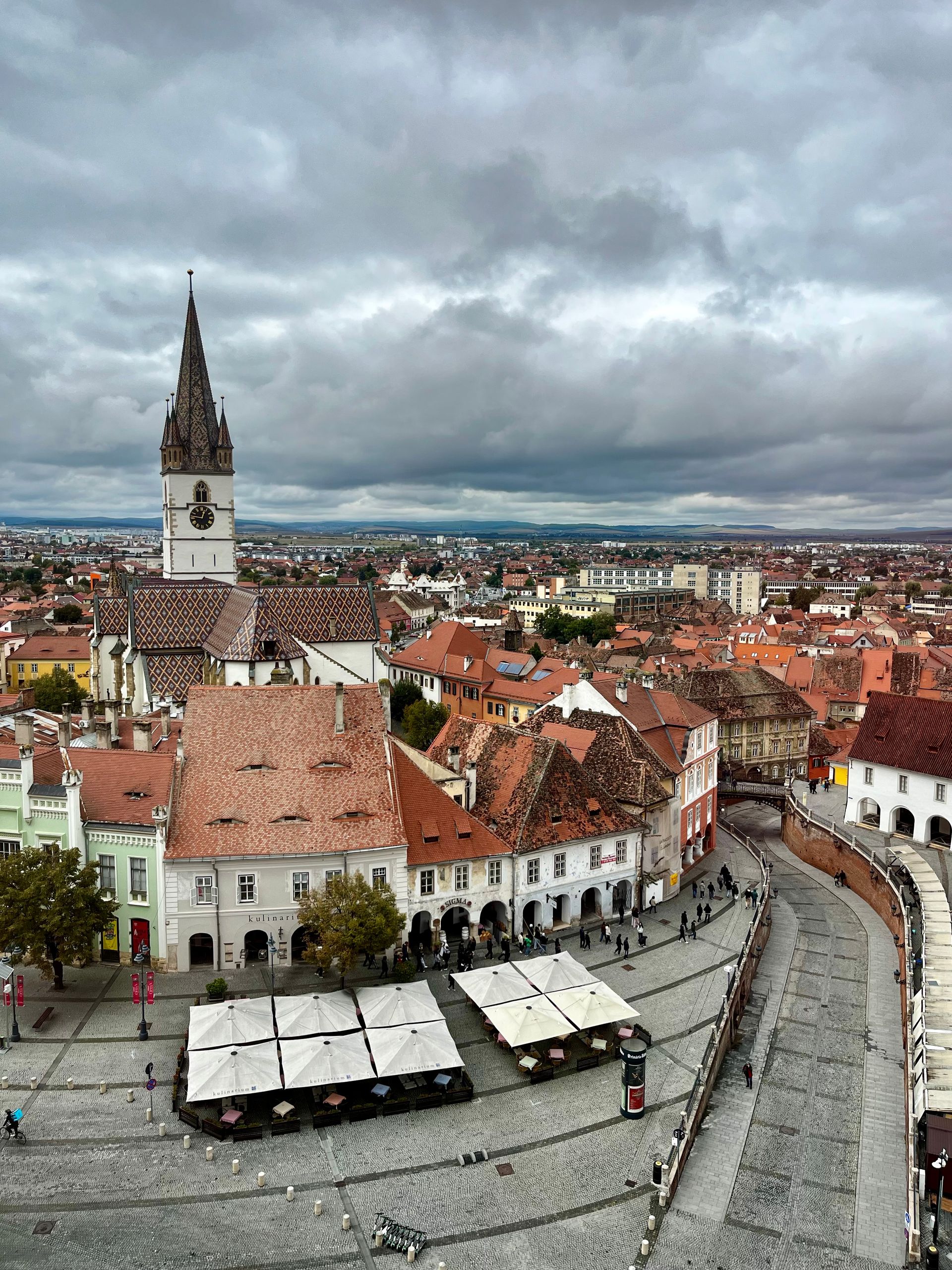 Aerial view of Sibiu old town and the Lutheran Cathedral.