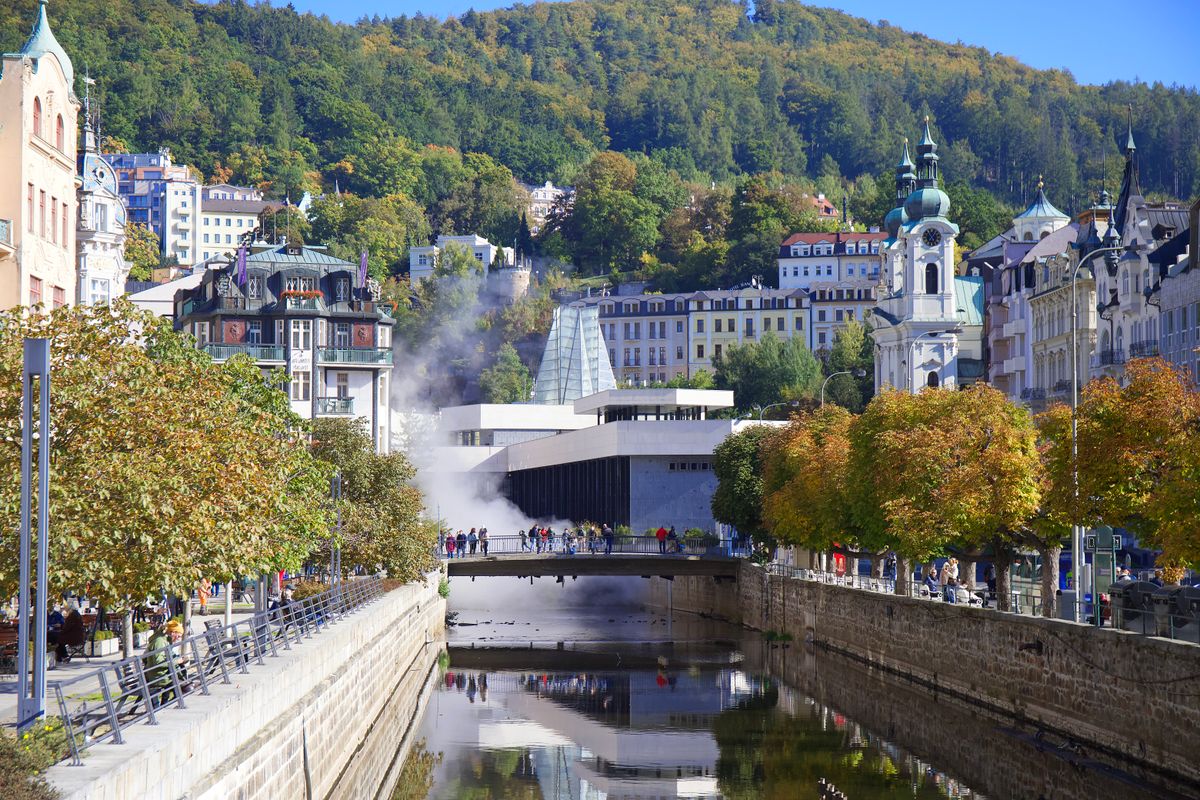 Colourful spa buildings along the Tepla river in Karlovy Vary