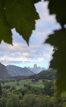 Scenic shot of Naranjo de Bulnes framed by leaves in Carreña, Spain.