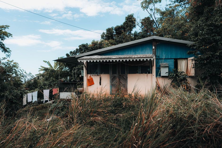 A rustic house surrounded by lush greenery in La Réunion, France, showcasing rural life.