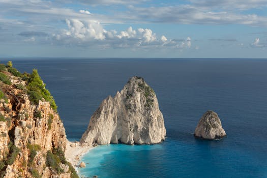 在部分多云的天空下，扎金索斯悬崖、蔚蓝的大海和独特的岩石结构令人惊叹