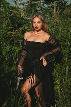 一个女人穿着黑色礼服，站在郁郁葱葱的绿色背景前，头饰精美