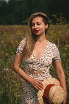 一个穿着花裙子的女人站在阳光明媚的草地上，手里拿着草帽