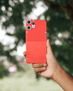 Close-up of a red smartphone held in a hand against a natural green outdoor background.