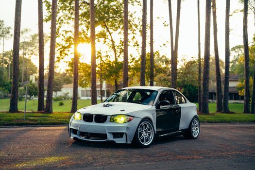 A sleek sports car parked outdoors with a beautiful sunset backdrop in a pine tree setting.