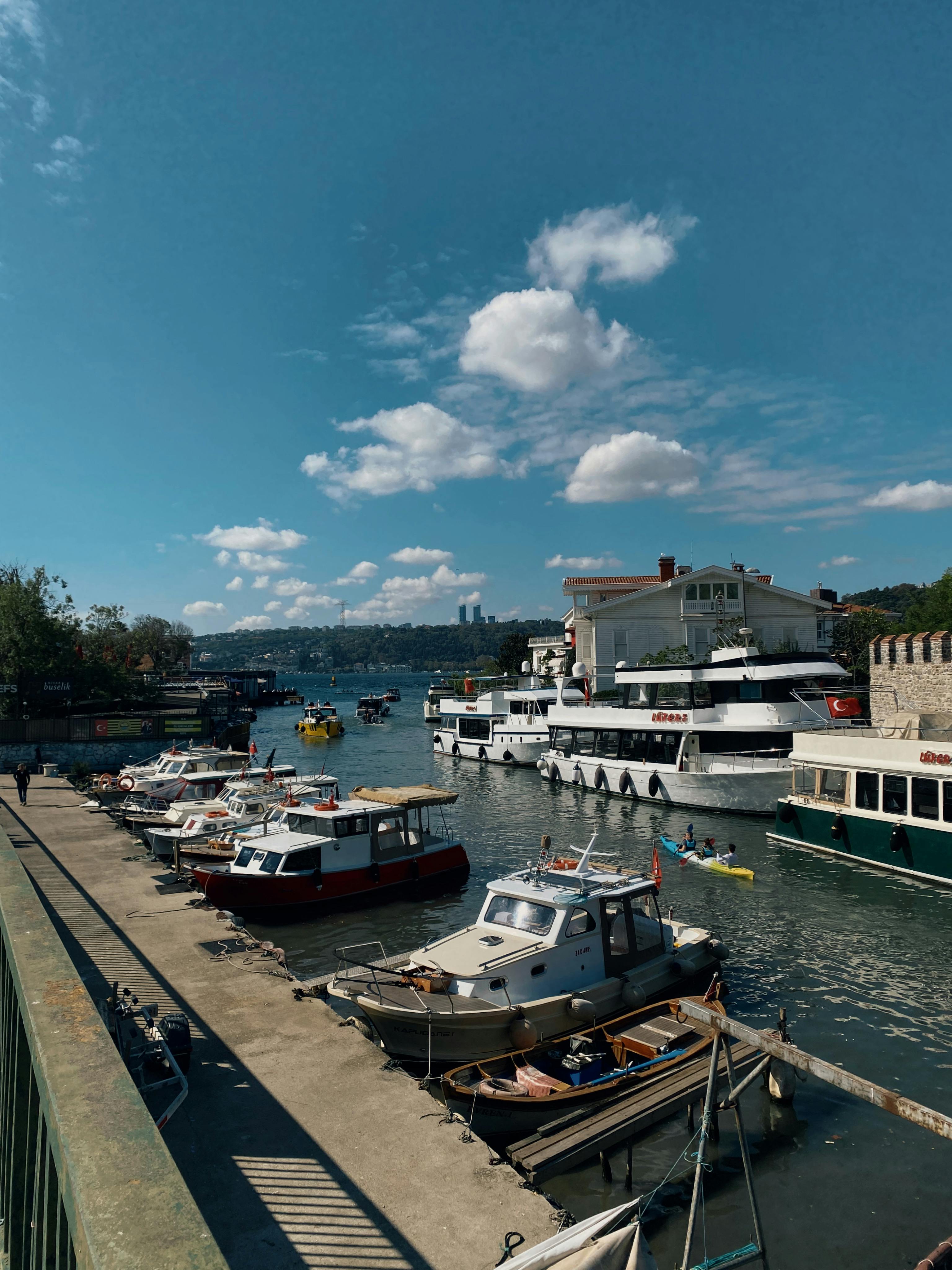 在蔚蓝的天空下，伊斯坦布尔博斯普鲁斯海峡沿岸停泊着船只，风景如画