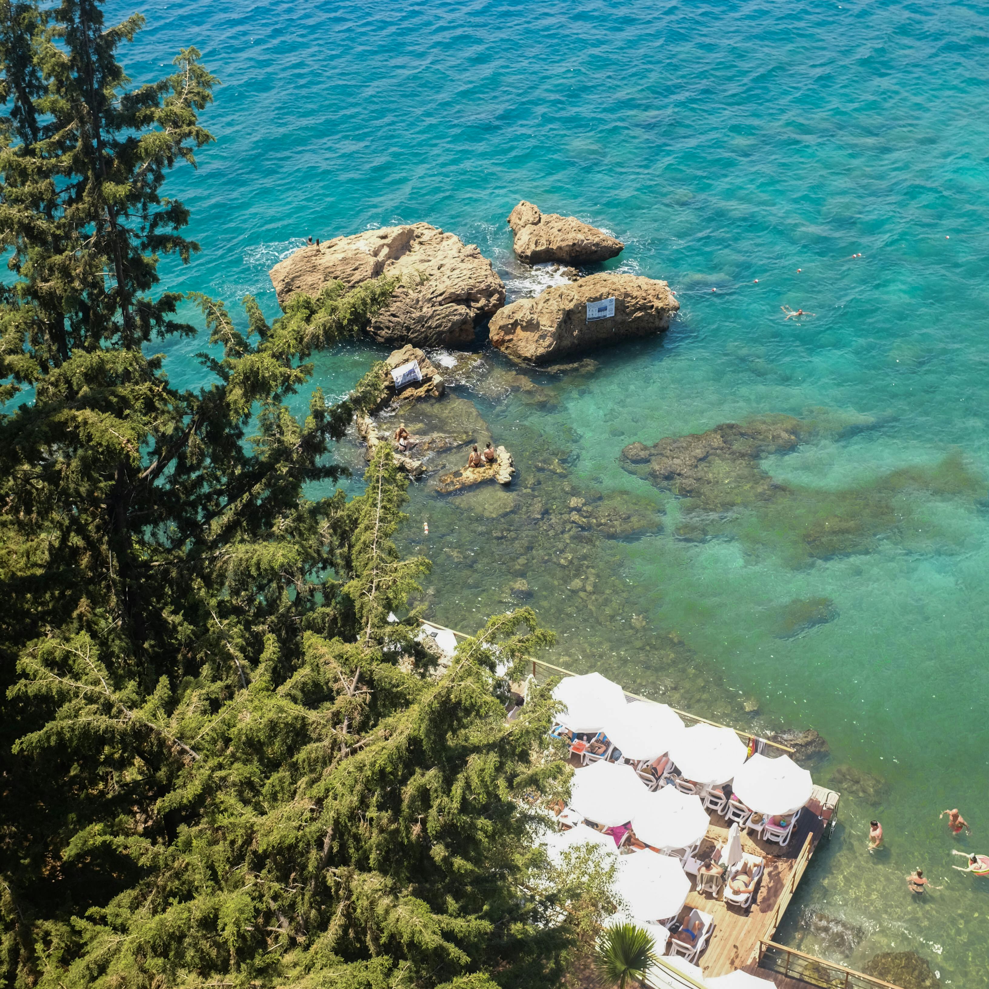 令人惊叹的海滨鸟瞰图，展现碧绿海水、岩石、松树和海滩躺椅