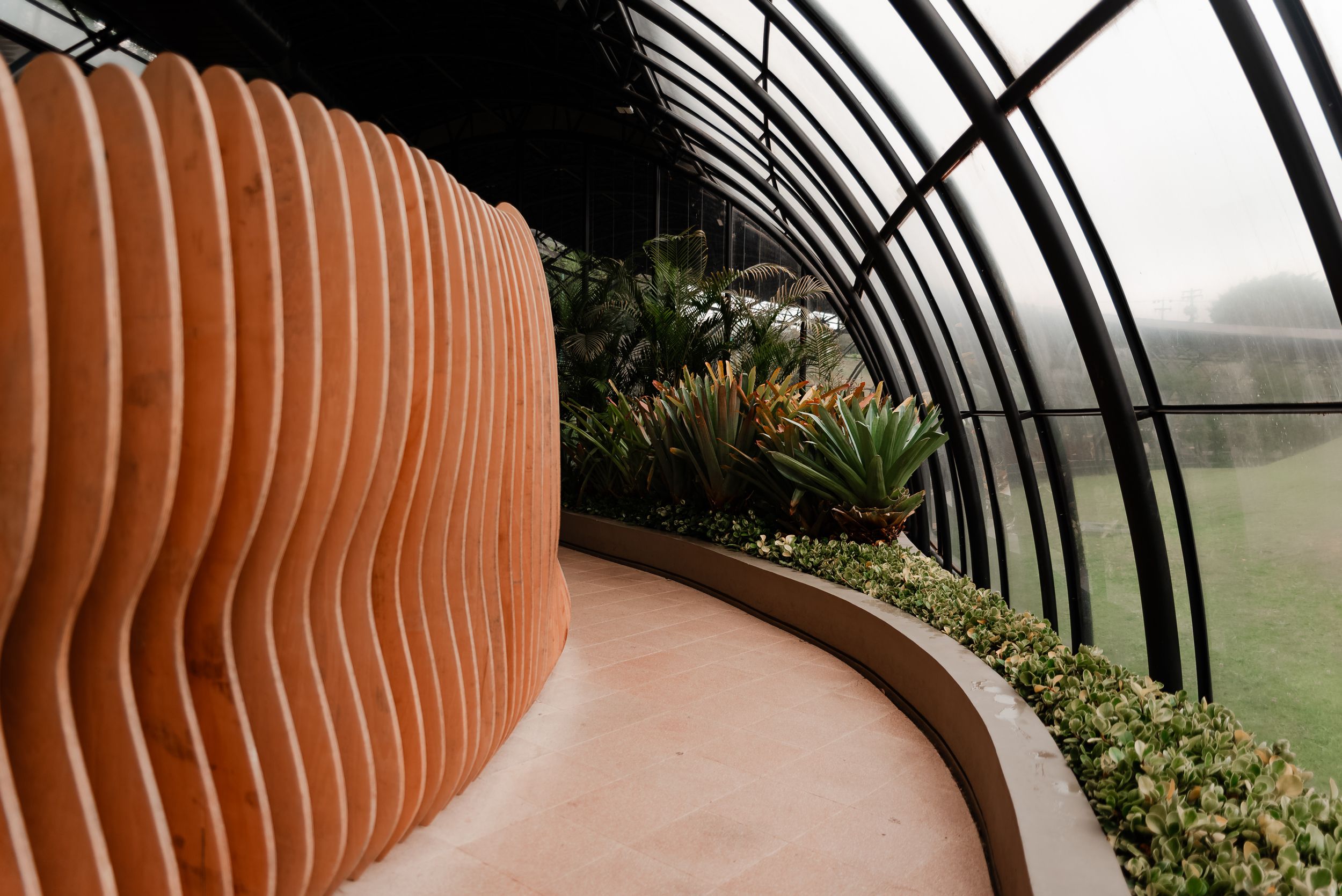 Jardin botanique contemporain, architecture moderne et végétation luxuriante, lumière naturelle