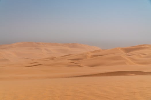 Serene sand dunes under a clear sky in the Namib Desert, showcasing natural beauty.