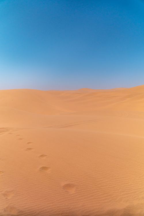 Free A vast sand desert with footprints under a bright blue sky, showcasing the desert's beauty. Stock Photo
