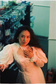 A woman in a vintage white gown stands indoors with a soft expression.