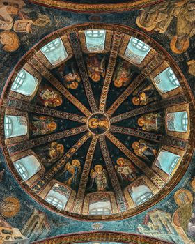 View of the ornate Byzantine dome in the Chora Church, Istanbul, showcasing ancient religious artistry.