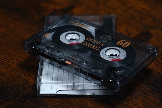 Vintage audio cassette tape on dark wooden surface, emphasizing nostalgia.