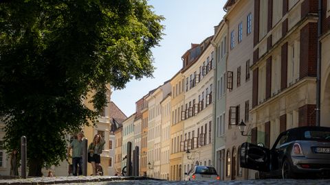 Charming cobblestone street with historic buildings and lush tree in Görlitz, Sachsen.