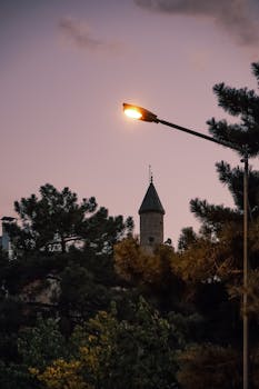 当日落降临，明亮的路灯和树木中的塔楼轮廓共同营造出宁静的城市景观