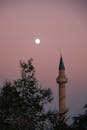 黄昏时分，清真寺尖塔的剪影映衬在月出和粉色天空的背景之下