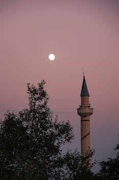 黄昏时分，清真寺尖塔的剪影映衬在月出和粉色天空的背景之下