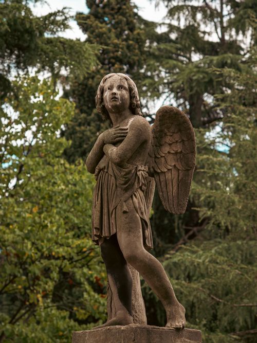 Free A stone angel statue stands amidst lush greenery, evoking serenity and timeless beauty. Stock Photo