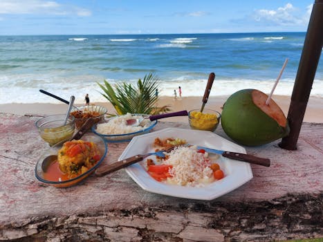 在海滩边上，热带餐配米饭和咖喱，享用椰子水，同时欣赏海景