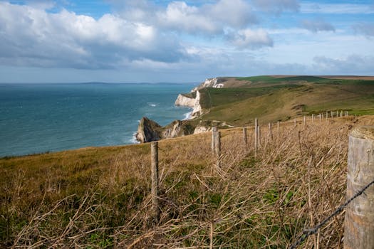 探索英格兰令人惊叹的侏罗纪海岸悬崖，欣赏美丽的海景和郁郁葱葱的风景