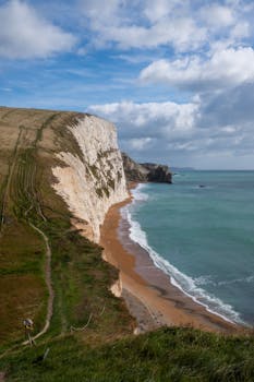 英国多塞特郡侏罗纪海岸悬崖的壮丽景色，蔚蓝的大海和壮观的天空