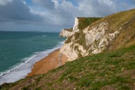 英格兰的侏罗纪海岸，拥有标志性的悬崖和戏剧性的景观，碧绿的大海与沙滩相映成趣