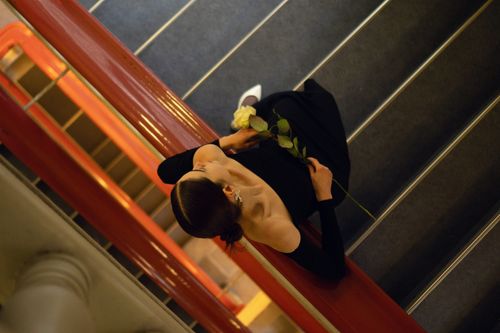 Free Overhead view of a woman holding a rose, standing on a staircase in a black dress. Stock Photo