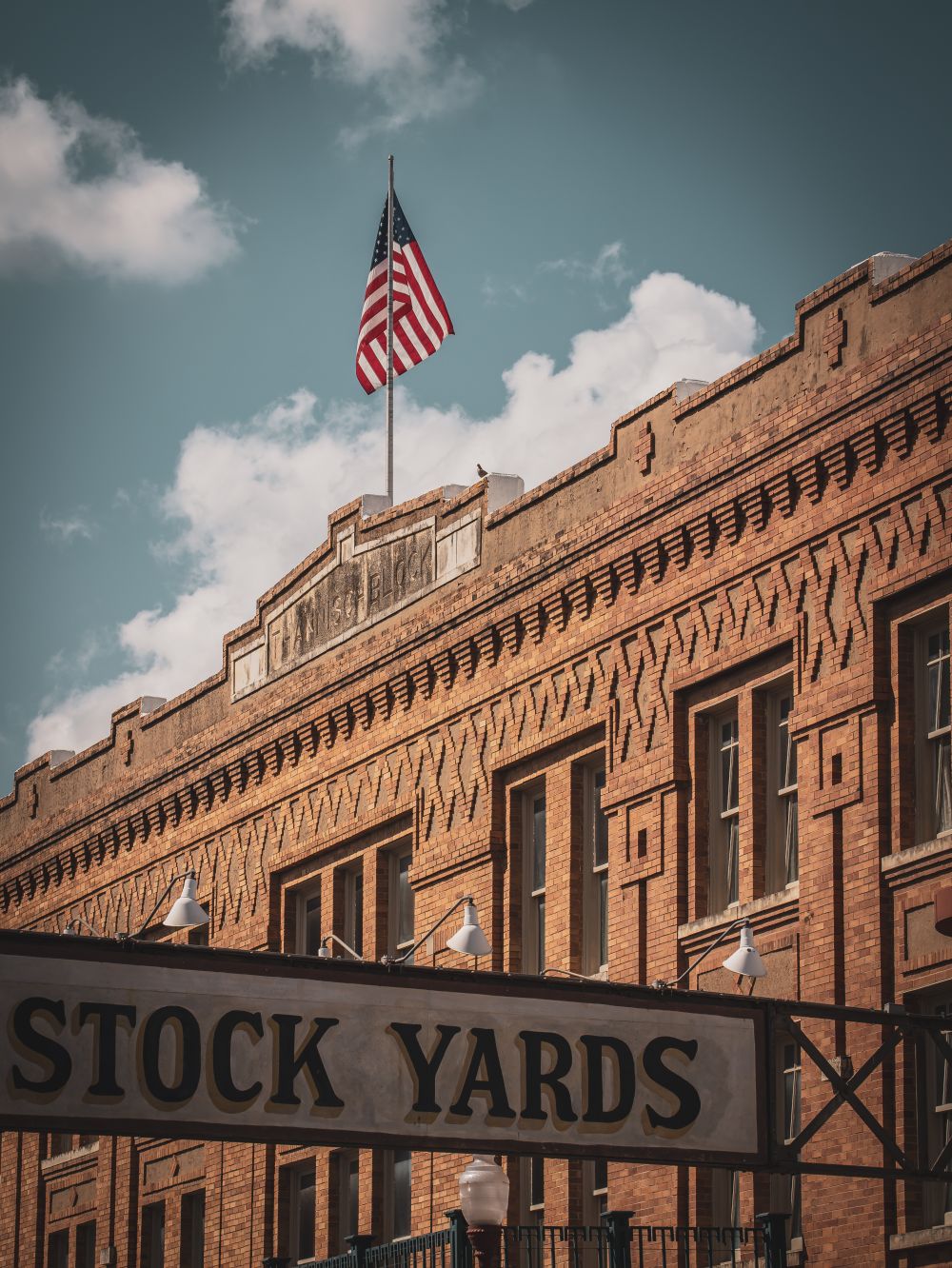 Historic Fort Worth Stockyards with US flag