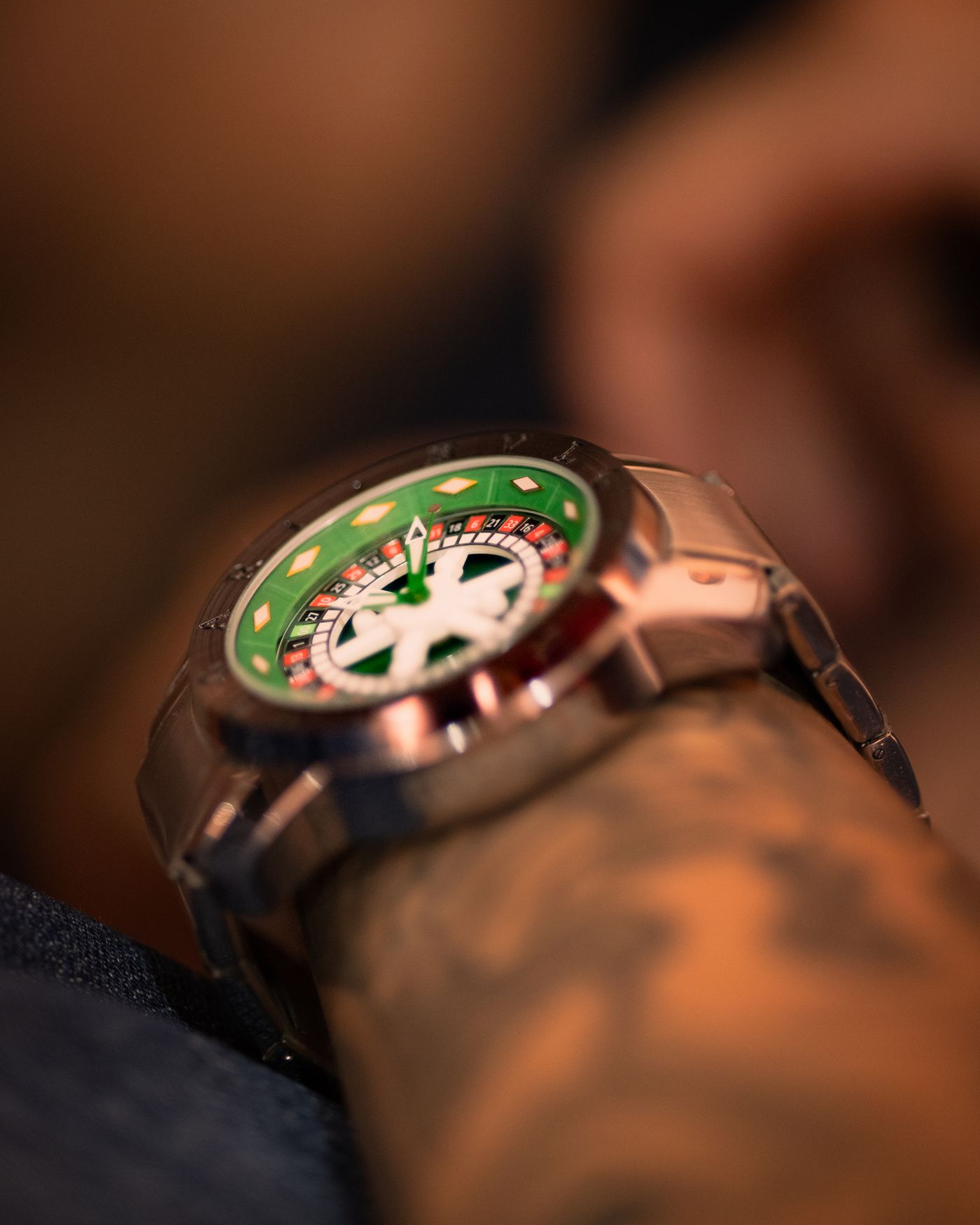 Close-up of a luxury watch dial and crystal