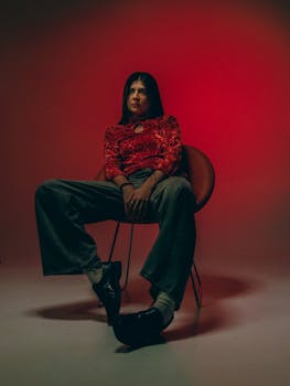 Stylish portrait of a woman in a red top and jeans seated against a vibrant red backdrop.
