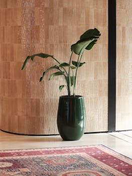 Stylish potted plant with decorative rug in a modern indoor space, enhancing home decor.