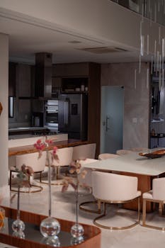 Modern kitchen and dining area with sleek design and contemporary decor, featuring high-end appliances.