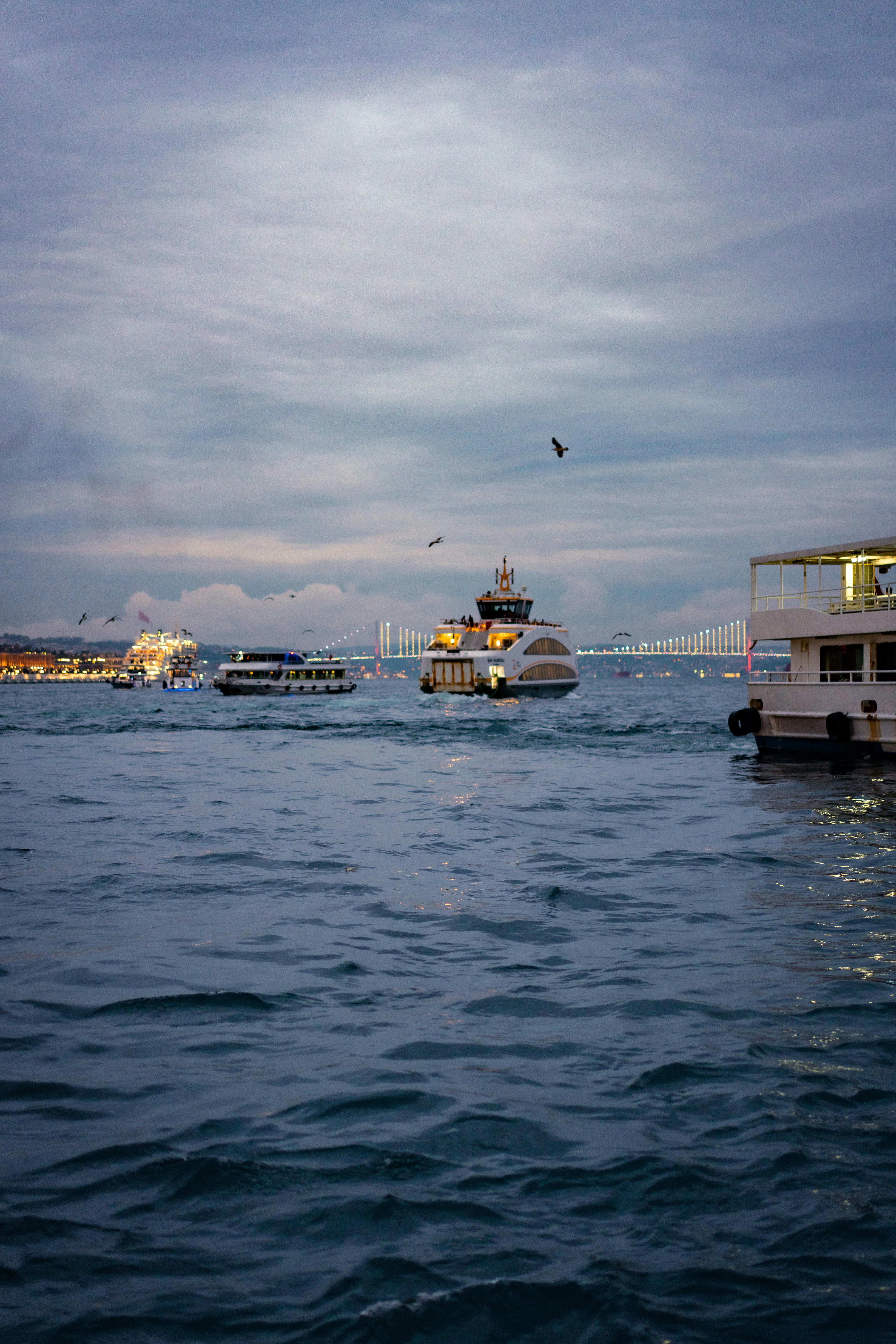 博斯普鲁斯海峡的落日时分，船只在桥下穿梭，明亮的桥梁成为背景