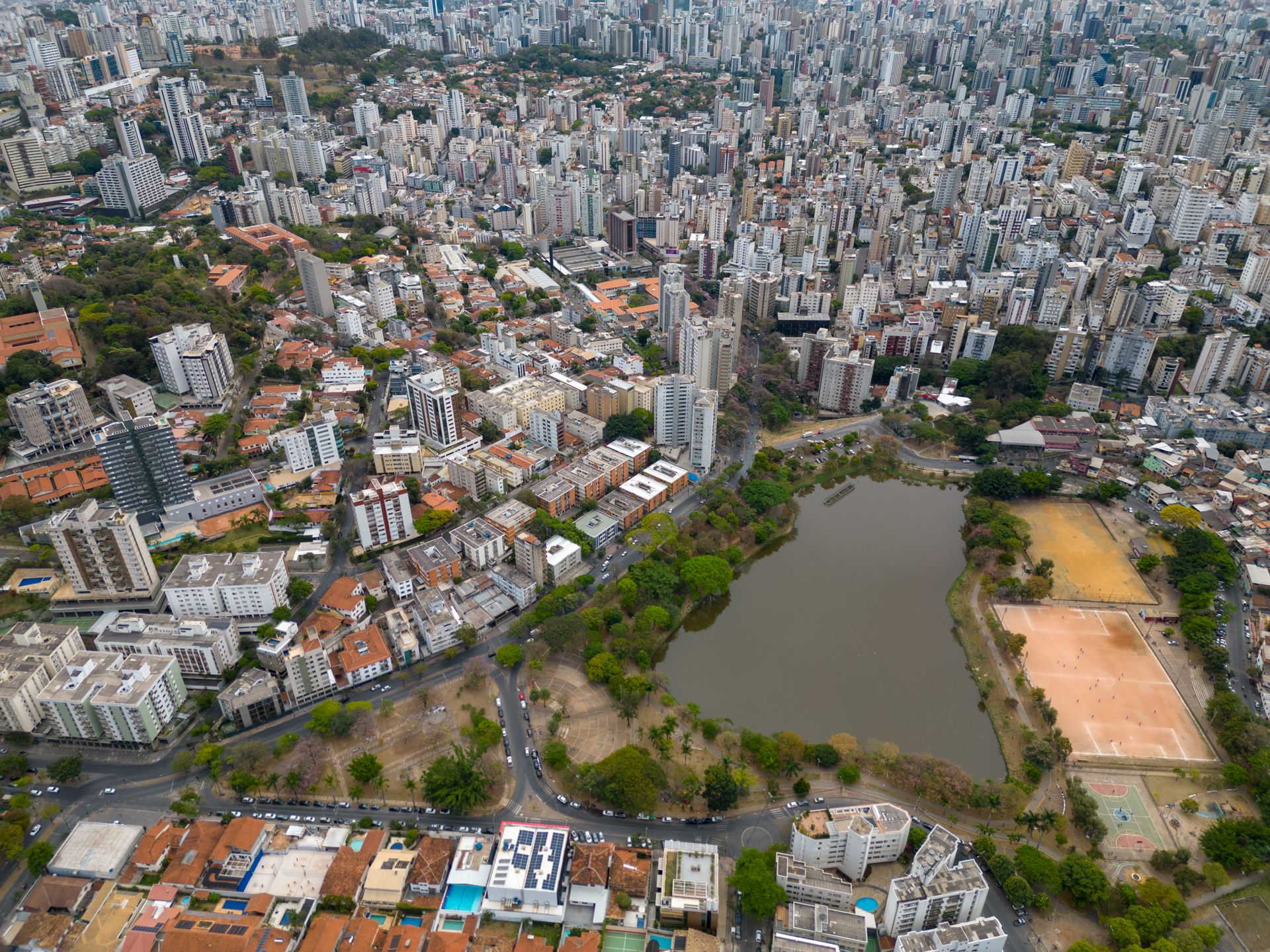 Explore the vibrant aerial view of Belo Horizonte, showcasing a bustling urban landscape with diverse architecture.