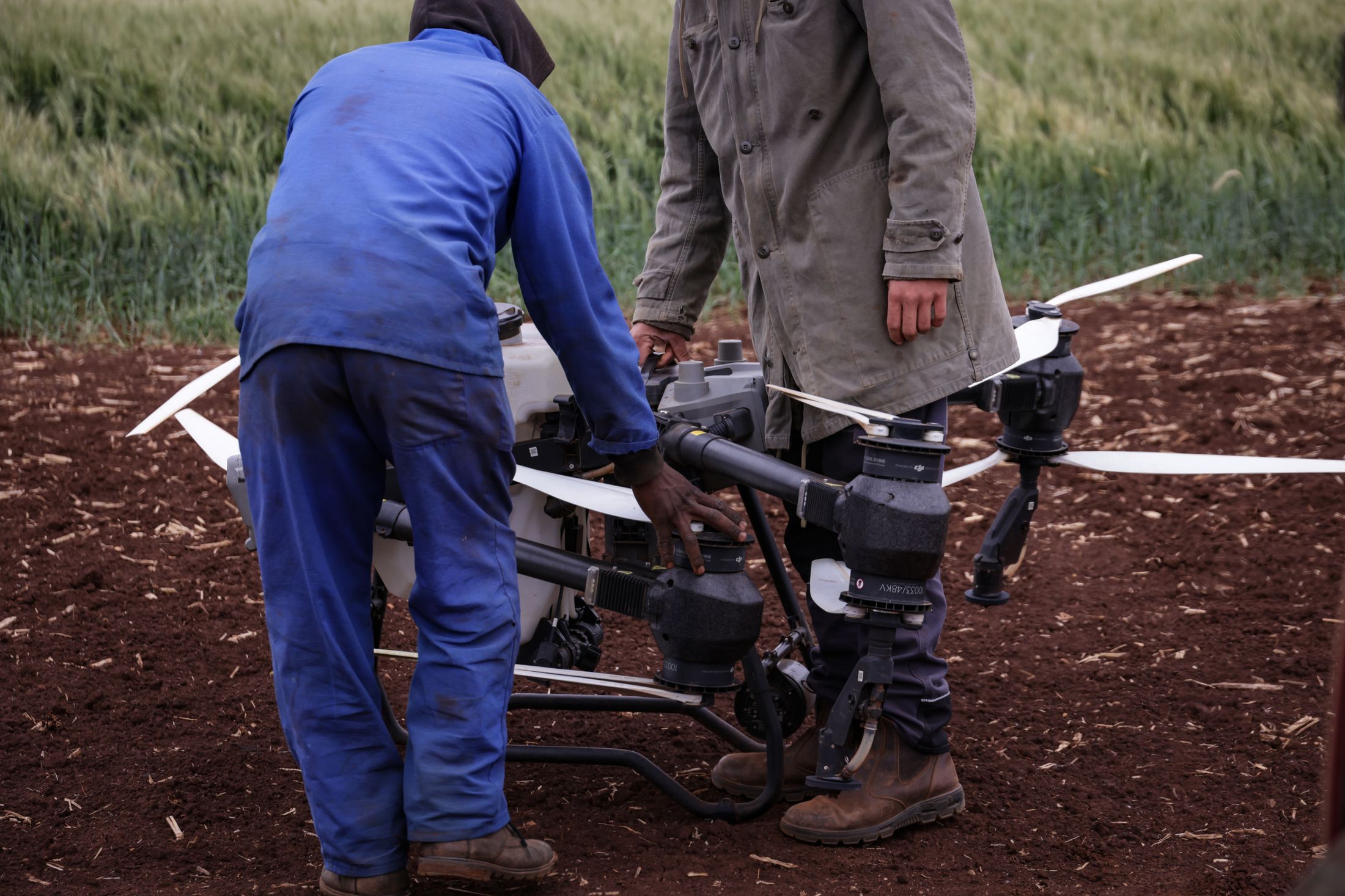 Farmers operating a drone for crop surveillance