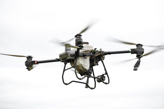 High-resolution image of a specialized agricultural drone flying outdoors, showcasing modern farming technology.
