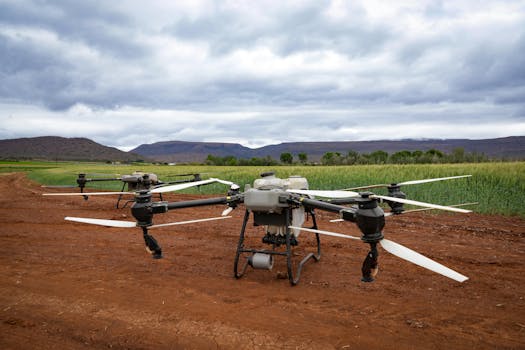 Aerial drones in a field, showcasing modern agricultural technology and landscape.