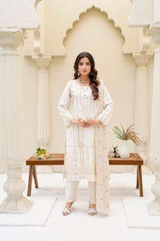 拉合尔的时尚成年女性身着白色刺绣连衣裙，在室内展示传统时尚