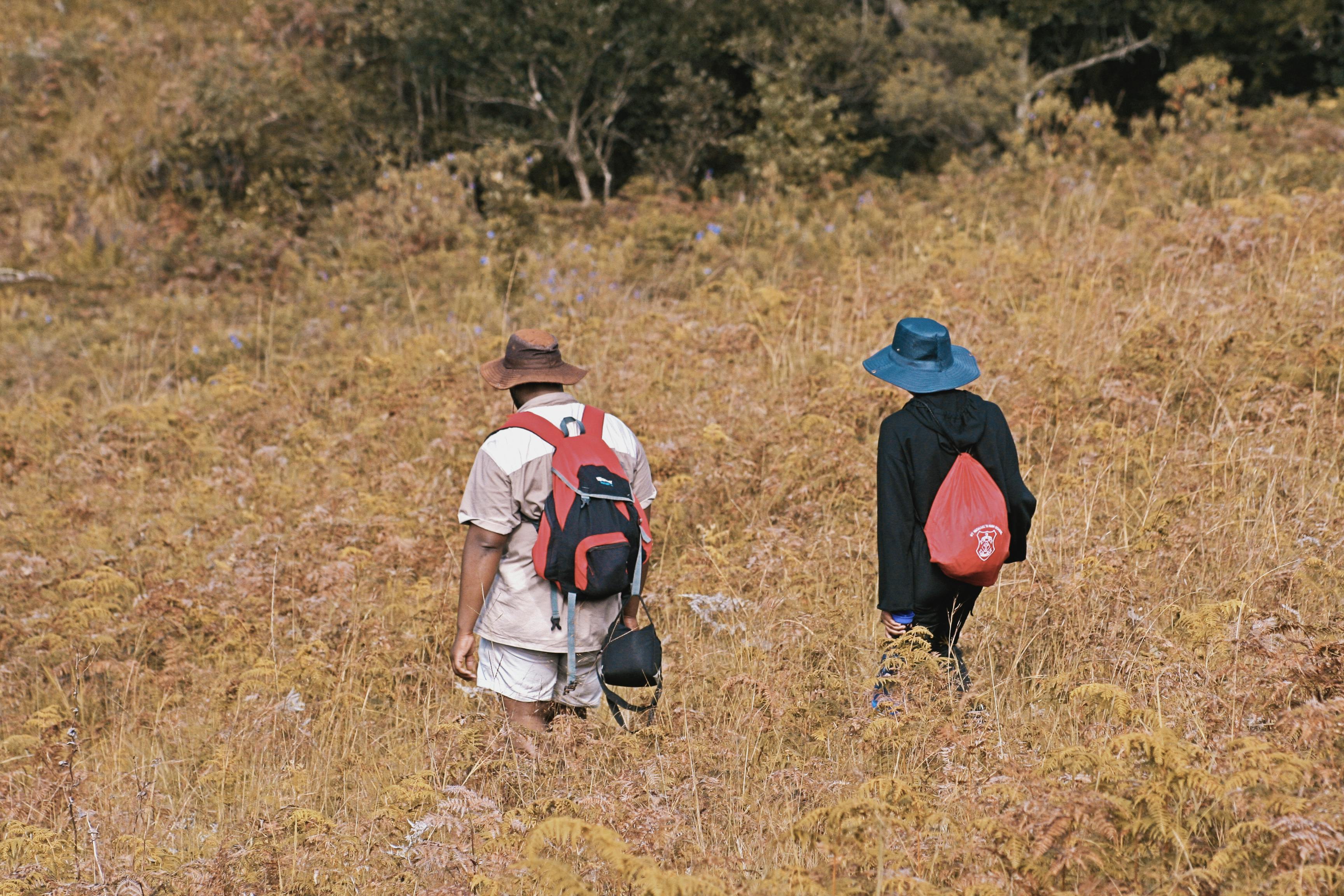 Two hikers walk through a dry field in Mbabane, Eswatini, during a sunny day.
