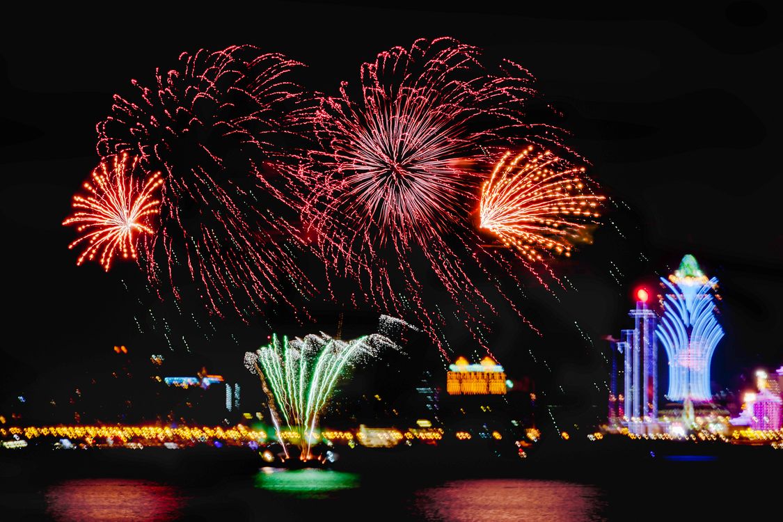 Free Vibrant fireworks illuminate the night sky over a blurred cityscape with colorful lights. Stock Photo