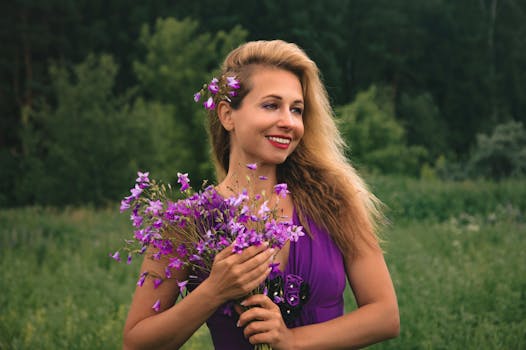在郁郁葱葱的绿色草地上，一位微笑的女人正拿着紫色的花朵，拥抱大自然