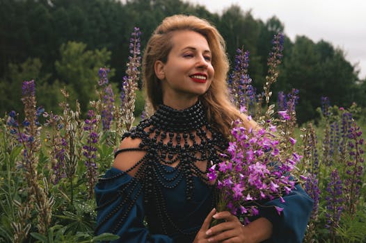 一位微笑的女人，在充满活力的野花中，体现了优雅和自然的美丽