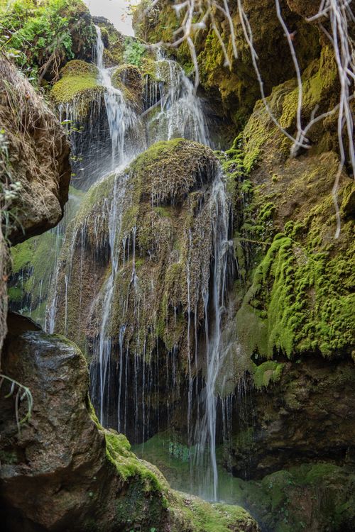 Free A picturesque waterfall with lush moss in Bogarra, Spain, capturing natural beauty. Stock Photo