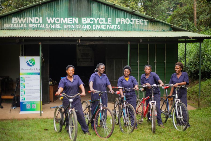 Women entrepreneurs working through a community bicycle project in Uganda