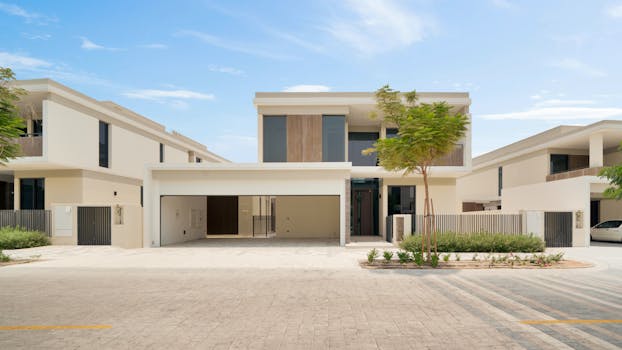 Elegant modern house exterior showcasing spacious garage and architecture.