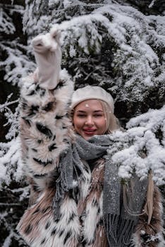 Smiling woman in stylish winter clothes posing amidst snow-laden trees.