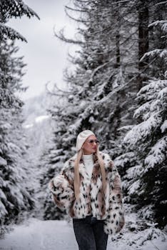 A fashionable woman in a fur coat walks through a snowy forest during winter.