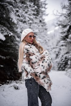 身着冬装的优雅女子在白雪皑皑的森林中摆姿势，展现出别致的风格