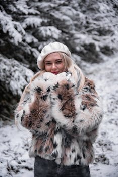 在白雪皑皑的森林中，穿着毛皮大衣、面带微笑的女人拥抱着冬日的寒意