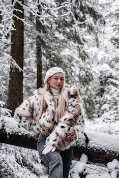 穿着时尚毛皮大衣的女人站在白雪皑皑的森林场景中